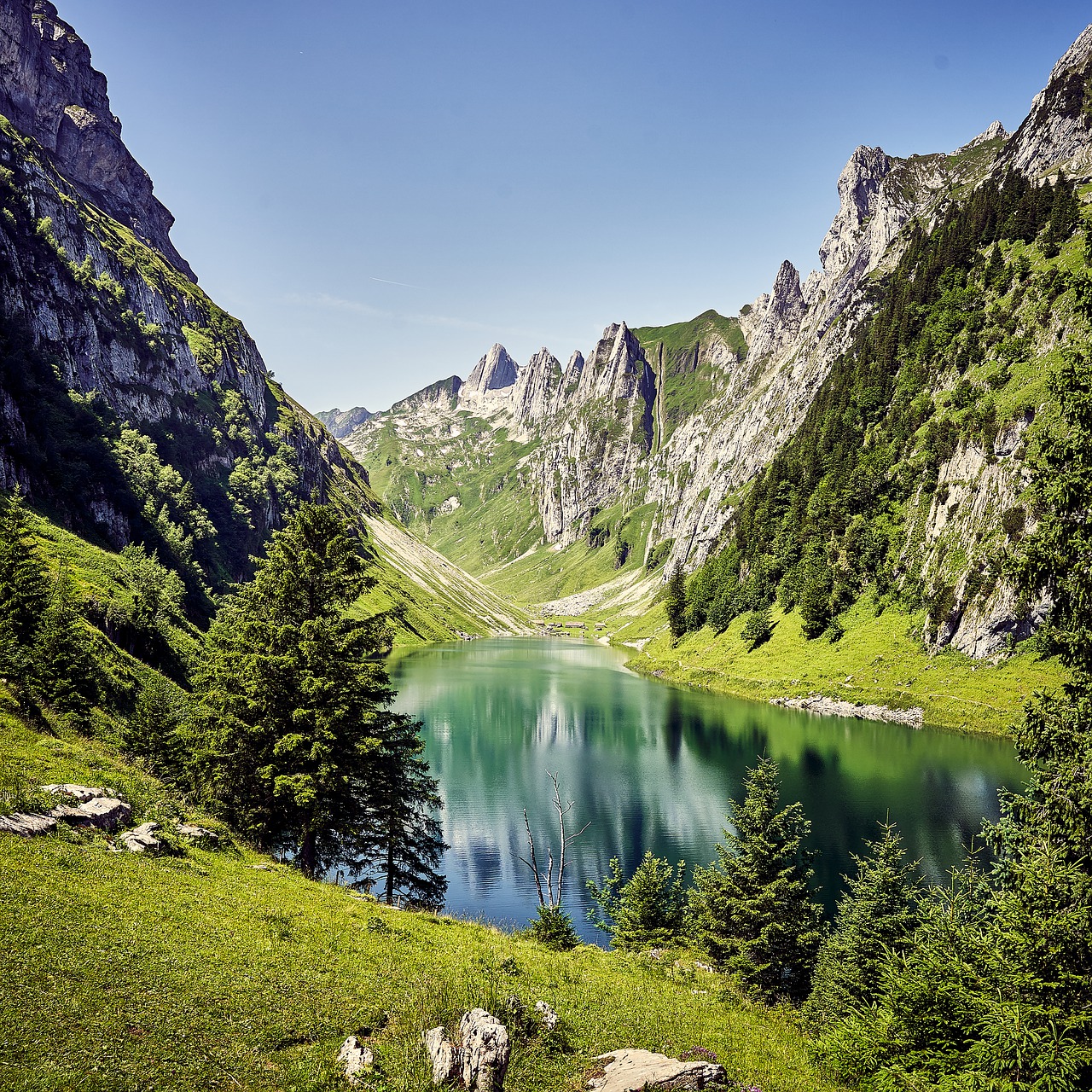 A tranquil view of Appenzell, featuring the lush green hills, a serene mountain lake, and the rugged peaks of Ebenalp Mountain under a clear blue sky.