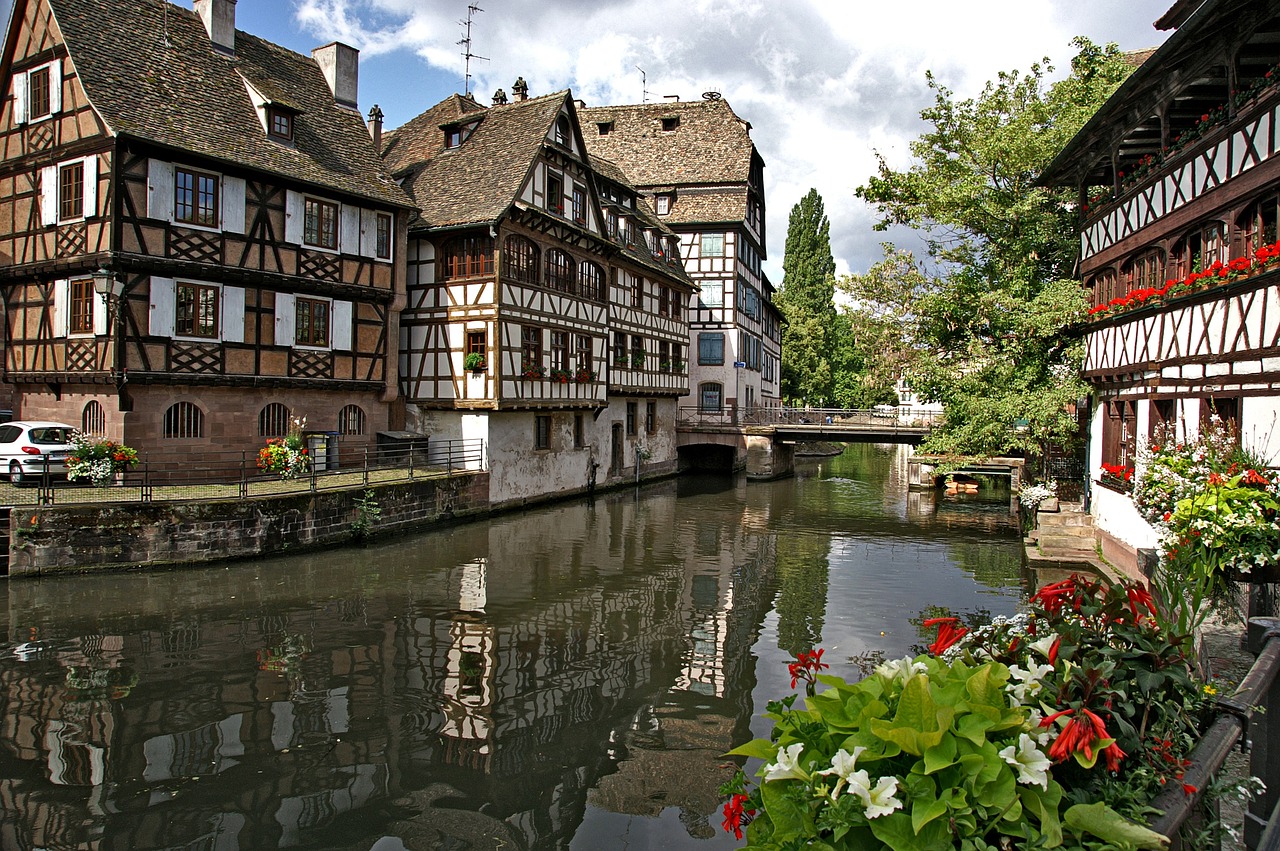 Picturesque half-timbered houses along a canal in Petite France, Strasbourg, France