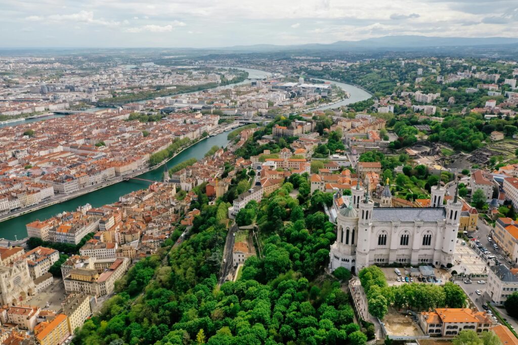 Aerial view of Lyon, France, with the Basilica of Notre-Dame de Fourvière and the Saône River