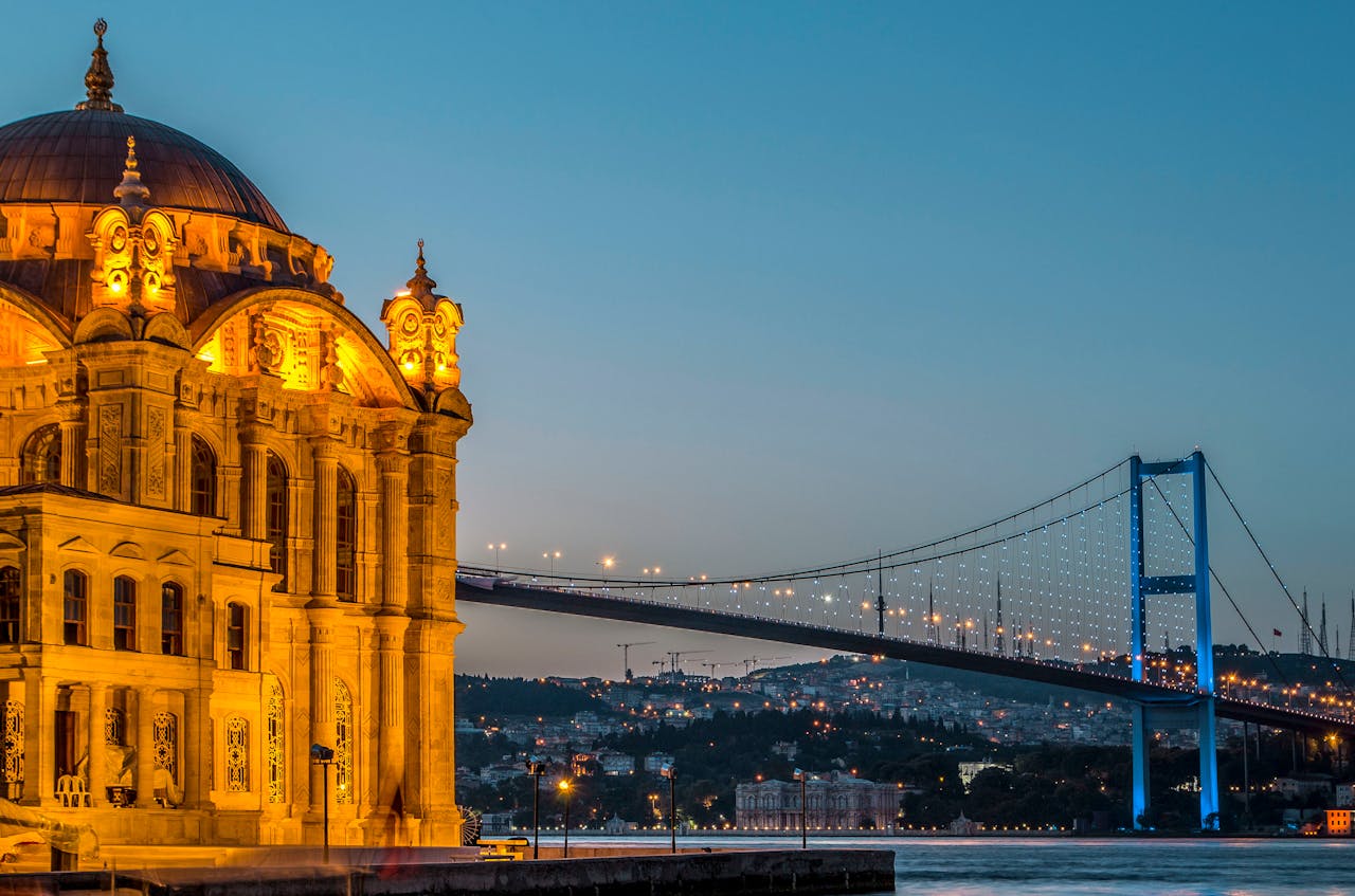 Night view of Ortakoy Mosque with the Bosphorus Bridge in Istanbul, Turkey, beautifully illuminated against the twilight sky.