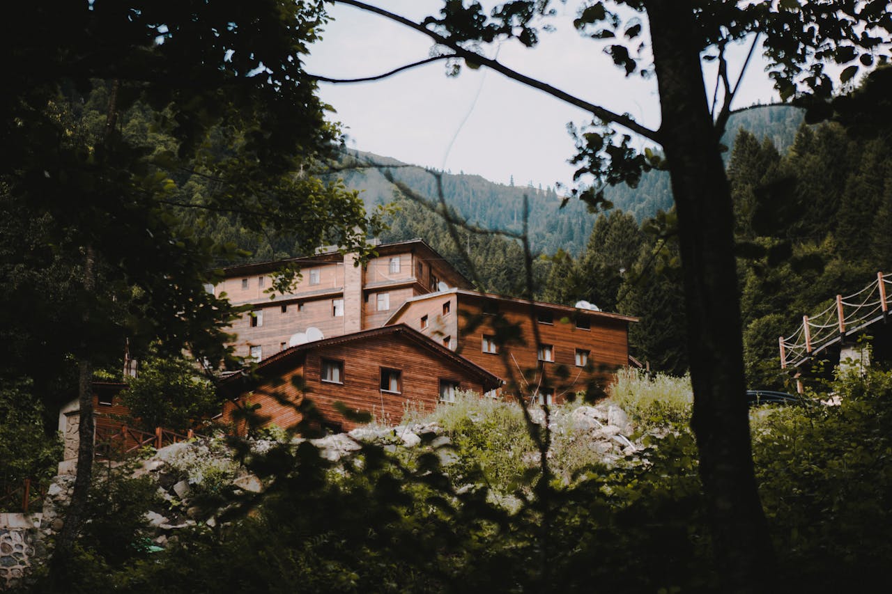 A picturesque view of a traditional wooden house nestled in the lush green forests of Rize, Turkey.